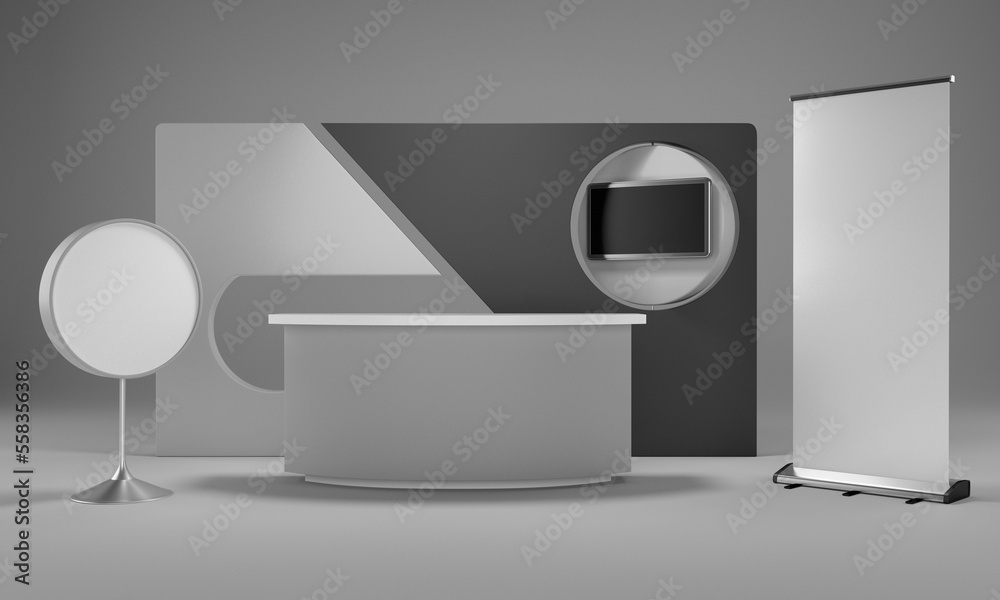 Exhibition Booth For Mock-up, Empty Retail Trade Stand, Reception Or Counter For Helping Service, 3D render Exhibition Booth For Mock-up, Empty Retail Trade Stand, Reception Or Counter For Helping Service, 3D render