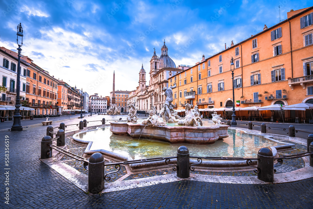 Piazza Navona square fountain and church view