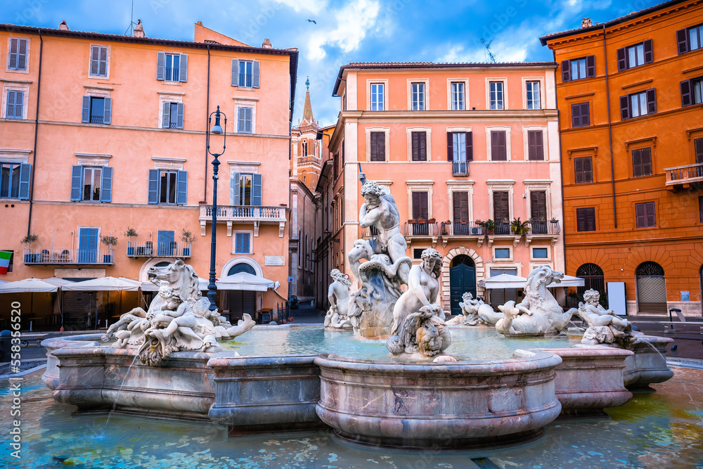 Piazza Navona square fountain and colorful architecture view