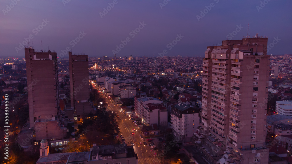 Fototapeta premium Jedinstvo concrete buildings, one of recognizable brutalism architecture symbols in Belgrade, capital of Serbia.