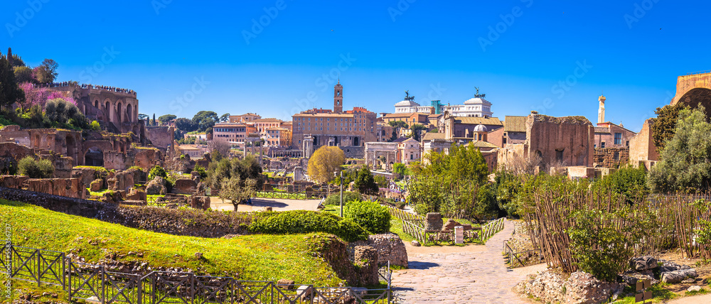 Historic Roman Forum in Rome scenic springtime panoramic view, eternal city of Rome