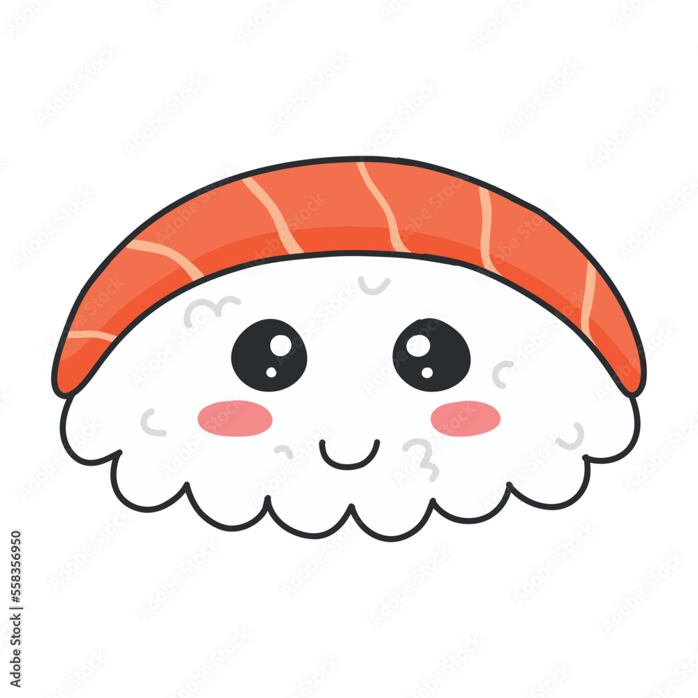 Sushi in kawaii style. Cute Japanese sushi with a smile. Vector illustration. Cartoon style. Logo for a sushi restaurant. Funny Sushi Character.