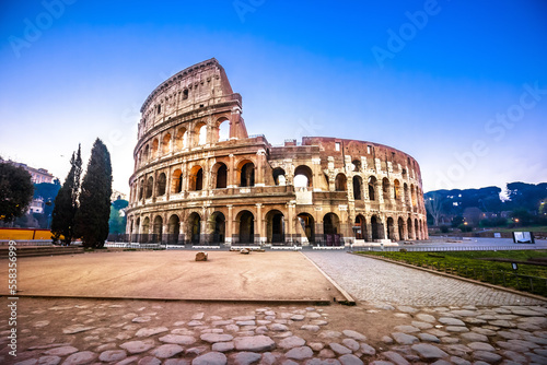 Rome. Empty Colosseum square in Rome dawn view, the most famous landmark of eternal city