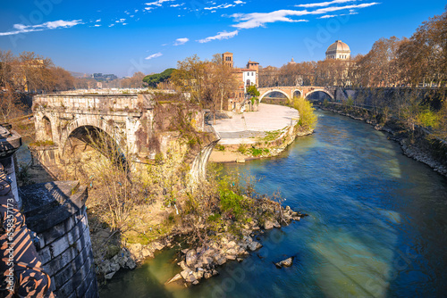 Tiber river island and Rome waterfront view
