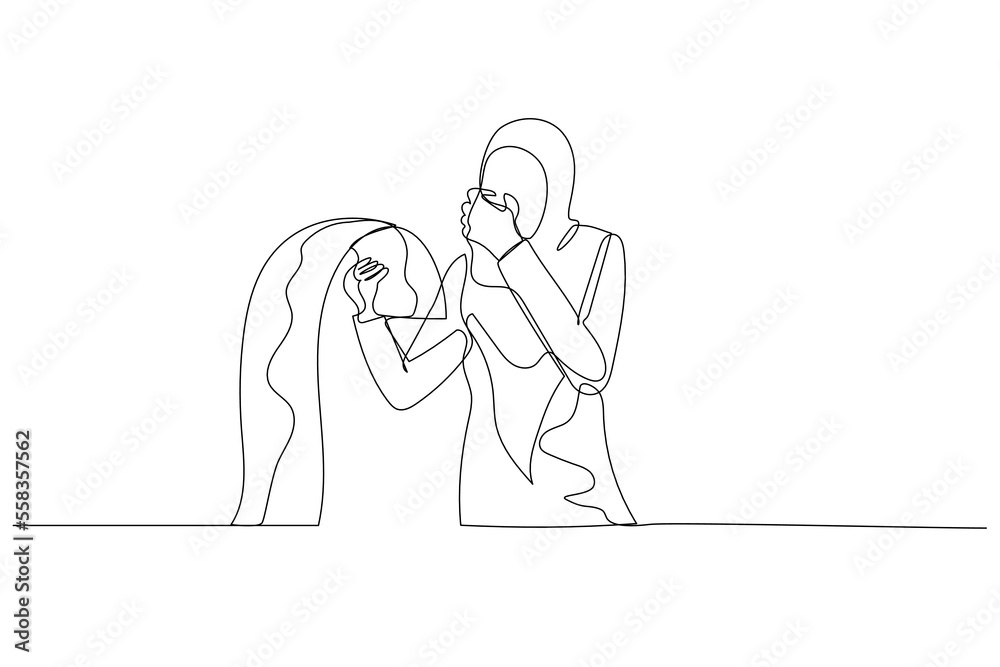 Illustration of muslim woman holding long list of bills stressed because of debt. Single continuous line art style Illustration of muslim woman holding long list of bills stressed because of debt. Single continuous line art style