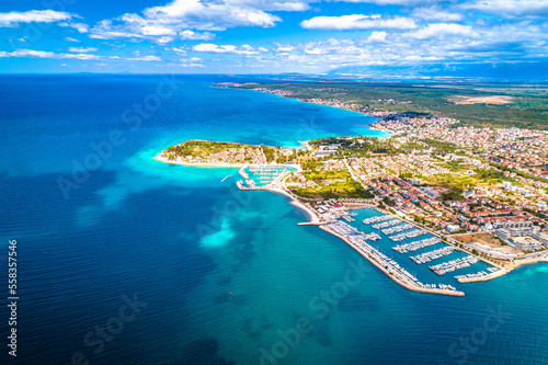 Zadar. Puntamika and Borik in Zadar scenic coastline aerial panoramic view