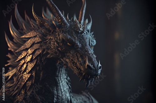 Black dragon. Mythology creature. Dark fantasy illustration. Generative AI.