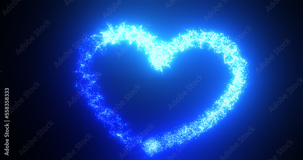 Blue heart love glowing shiny for valentine's day holiday from magic energy lines and particles on black background. Abstract background