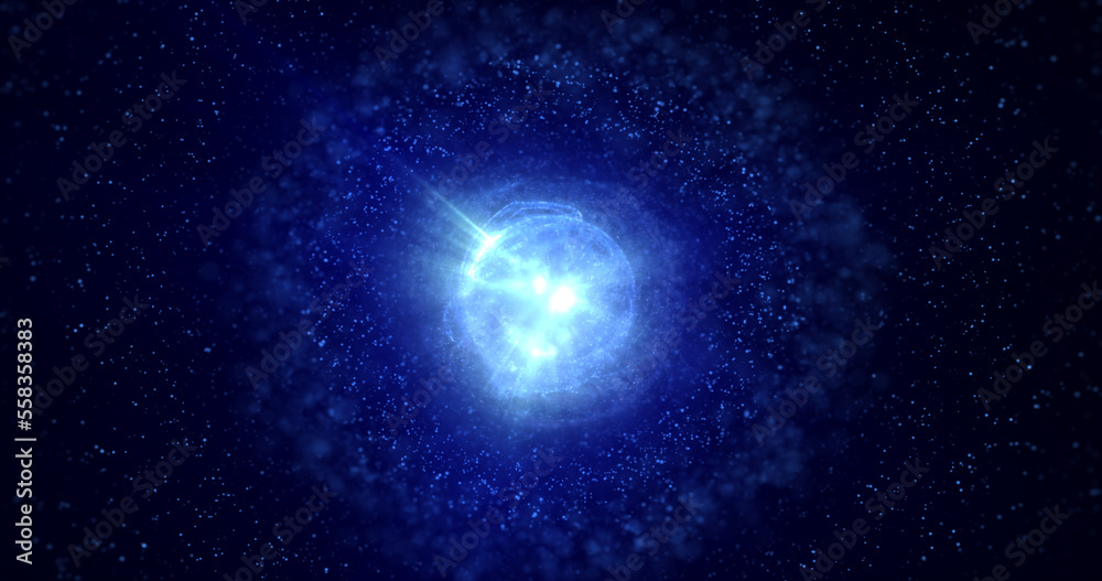 Abstract futuristic glowing blue light round sphere cosmic star from magic high tech energy on space galaxy background. Abstract background