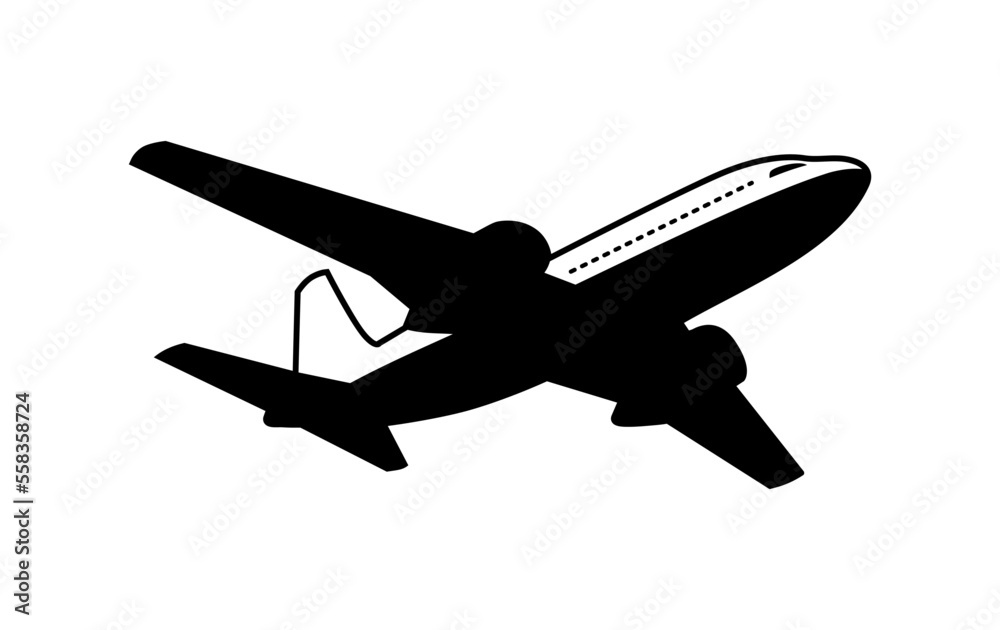 Plane taking off icon. Vector silhouette airliner flying in sky Plane taking off icon. Vector silhouette airliner flying in sky