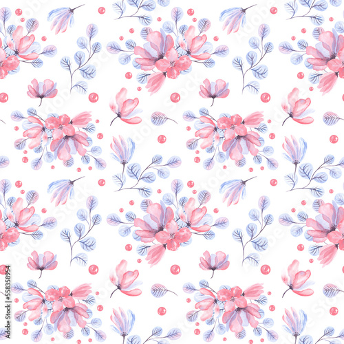 Transparent rose watercolor seamless pattern. Hand drawn floral illustration with pink berries for wedding design, surface, textile, wallpaper