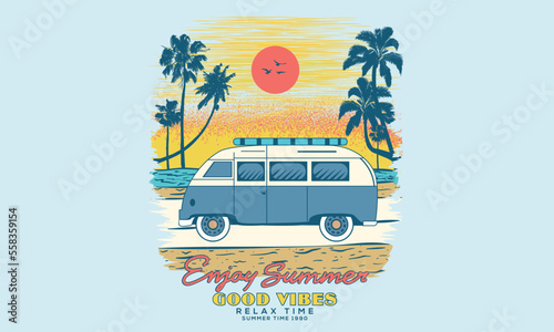 Beach road trip vector design. Beach vibes t-shirt artwork. Palm tree, chare, car graphic print design. Summer relax time vector artwork.