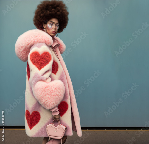 Print op canvas Portrait of modern young beautiful girl, standing and posing in Valentine's day costume with vivid color coat with a print of love hearts