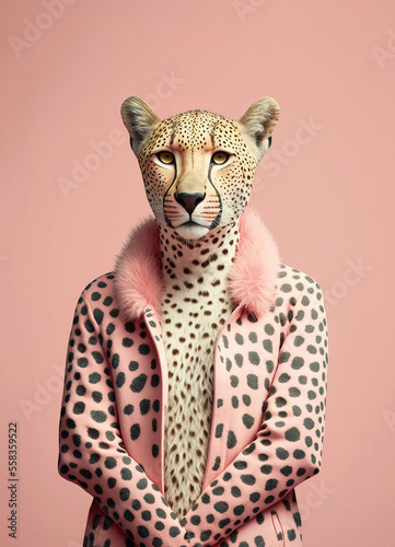 Pastel pink illustrated portrait of a leopard standing and posing in an animal leopard print sweater. Abstract half animal half man. Illustration. Generative AI.