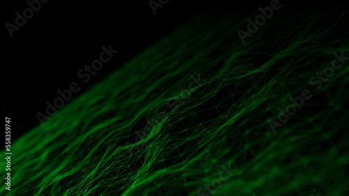 Futuristic wave with lines and dots. Abstract background with a dynamic wave. Particle placement with hanging dots in space. Large data background. 3d rendering.
