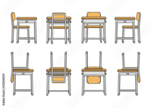 はっきりした線画の学校の机と椅子セット(正面・後ろ・横)