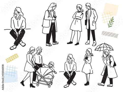 白黒、モノトーン、線画のイラスト(手書き、オシャレ、雑誌、ファッション、可愛い、人物、女の子) Black and white, monotone, and line drawing illustrations.Handwritten, stylish, magazine, fashion, cute, person, girl.