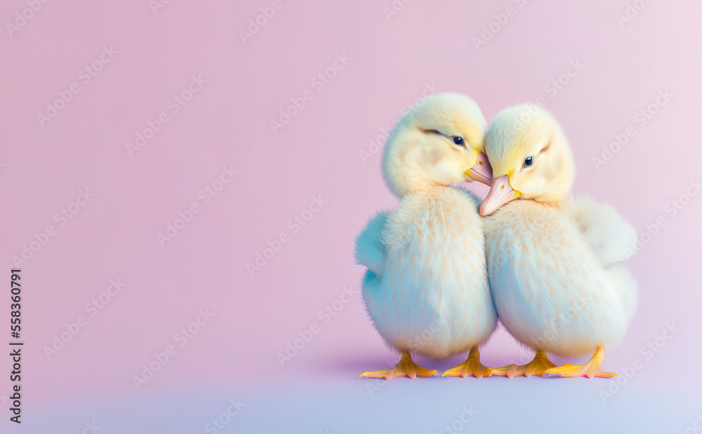 A cute, little two ducklings hug each other, a symbol of love. Pastel, creative, animal concept. Valentine's Day, duck couple in a pet relationship. Illustration. Generative AI.