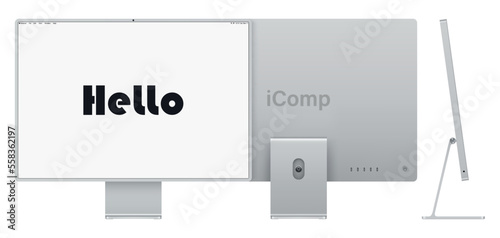 computer display silver color with blank screen front, back and side view isolated on white background. realistic and detailed mockup of monitor for system unit. vector illustration
