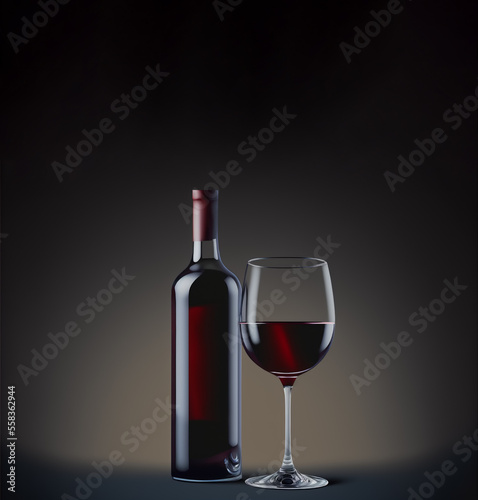 Bottle of red wine and wineglass over dark background, reflexions, copy space, 3D illustration