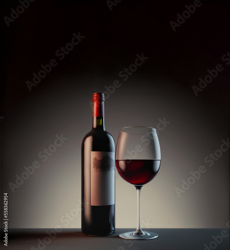 Bottle of red wine and wineglass over dark background, reflexions, copy space, 3D illustration