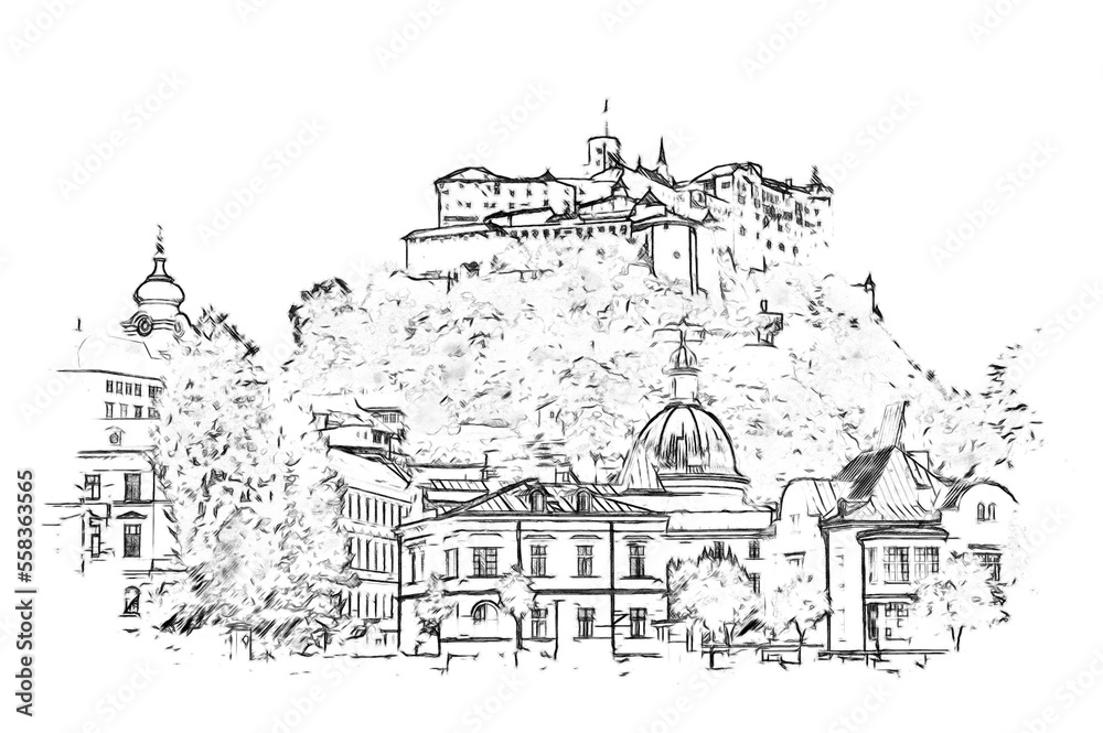 Salzburg city and fortress, pencil style sketch illustration.