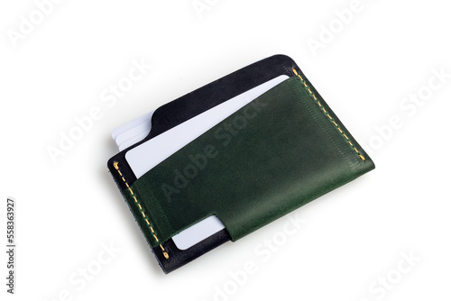 Green leather wallet with blank cards  isolated on white background