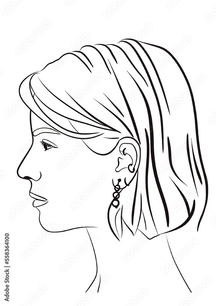 Illustration d’un portait d’une jeune fille vu de profil aux cheveux mi-courts. Dessin simple trait noir sur fond blanc. Image lier à la femme, au cosmétique et aux bijoux, icône de marque de luxe