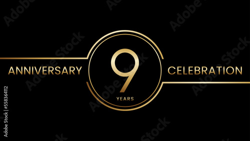 9th anniversary. Anniversary template design with golden text and ring. Logo Vector Template