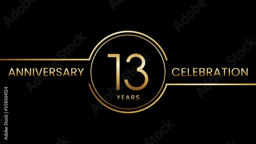 13th anniversary. Anniversary template design with golden text and ring. Logo Vector Template