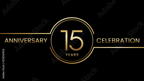 15th anniversary. Anniversary template design with golden text and ring. Logo Vector Template