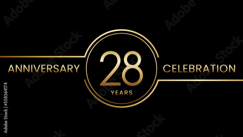 28th anniversary. Anniversary template design with golden text and ring. Logo Vector Template