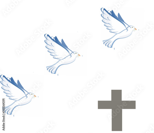 Gone too soon and rest in peace text with three doves flying above a cross