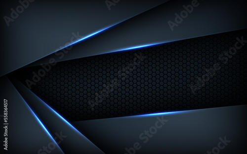 Dark abstract blue light background gradient shapes. navy blue hexagon mesh pattern decoration.