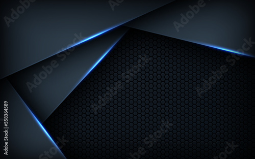 Dark abstract blue light background gradient shapes. navy blue hexagon mesh pattern decoration.