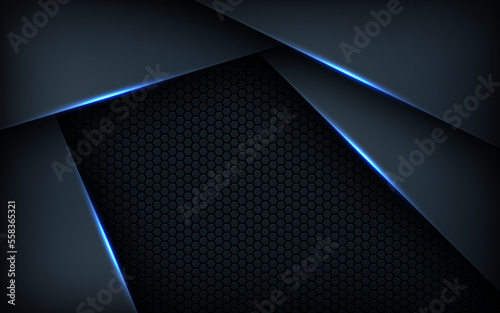Dark abstract blue light background gradient shapes. navy blue hexagon mesh pattern decoration.