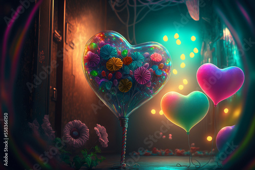 Colorful heart and flowers balloons. Generative AI