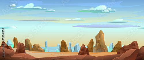 Rocks cliffs stone. Landscape mountainous. Natural land desert. Cartoon style illustration. Seamless composition. Vector.