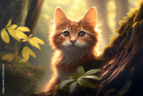 A lovely cat is standing in the forest. Generative AI.