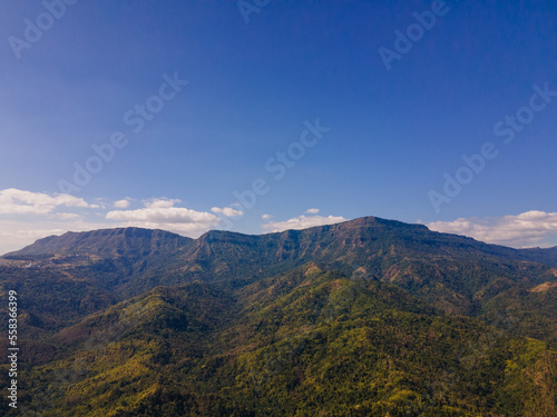 the aerial view of the mountain peak and the cliffs near the green forest