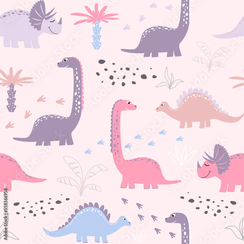 Fototapeta Naklejka Na Ścianę i Meble -  Vector childish seamless pattern with colorful dinosaurs, palm trees, footprints, stone on a pink background. Ideal for baby clothes, textiles, wallpaper, wrapping paper.