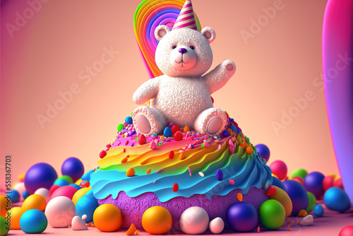 Charming 3D Teddy Bear on Sweet Cupcake with Berries & Candies. Perfect for Kids' Themes & Celebrations. High-Resolution Stock Image. geneteativve ai 
