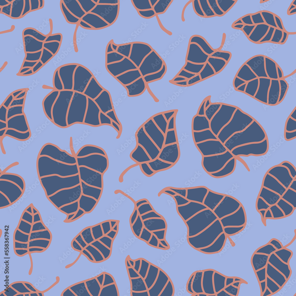 Fototapeta premium Abstract leaves seamless repeat pattern. Random placed, vector botanical all over surface print on blue background.