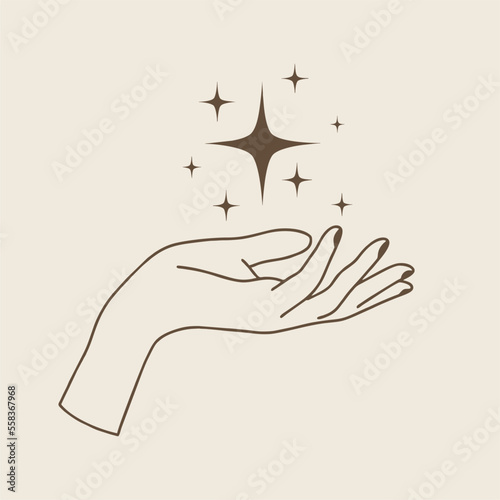 Women's hands logos in minimal linear style. Vector emblem with female hand and shining stars in boho style. For packaging cosmetics, beauty studio, tattoo, spa, manicure, jewelry.
