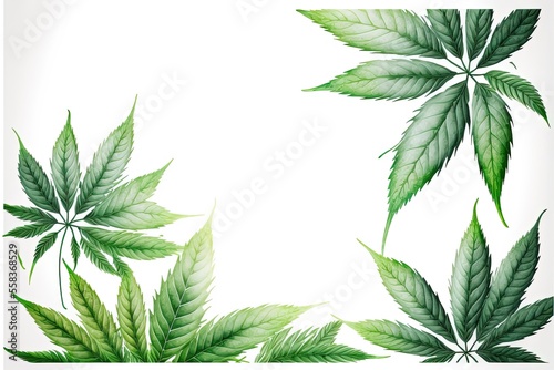 Watercolor decorative frame with blossom green cannabis hemp leaves on white background. Generative ai illustration.