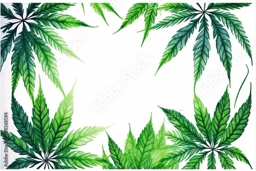 Decorative frame with blossom green cannabis hemp leaves on white background. Generative ai illustration.