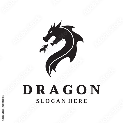 Logo template of fire dragon head and wings isolated background.