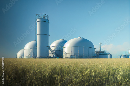 Biogas plant with grain field in the foreground, generative ai illustration photo