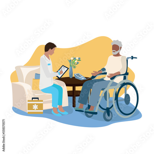 Doctor provide medical care to an elderly patient at home. Call an ambulance at home. Thank you doctors and nurses for saving lives. Vector illustration.