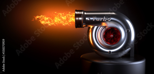 Turbocharger with a fire on dark background with red spin 3D rendering
 photo